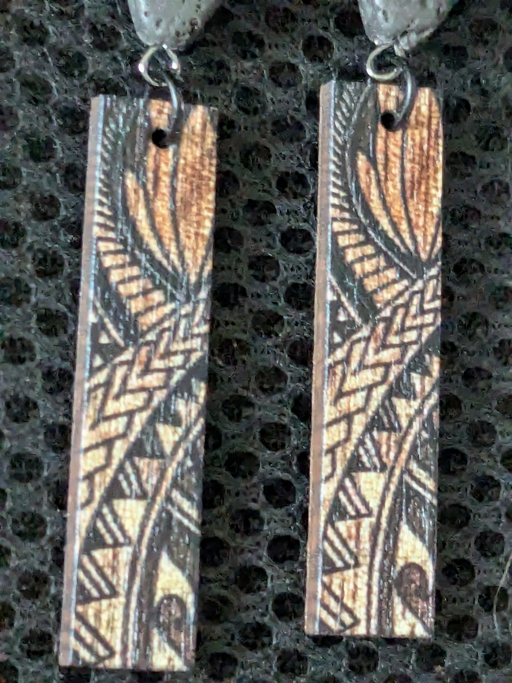 Black and Tan Tribal Triangle Drop Earrings - Picture 3 of 5